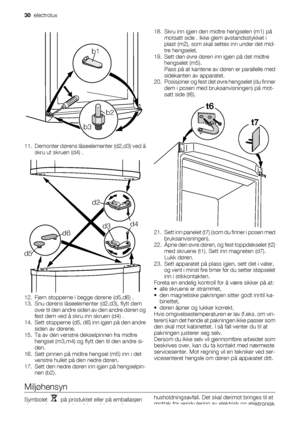 Page 30b1
b2
b3
11. Demonter dørens låseelementer (d2,d3) ved å
skru ut skruen (d4) .
d2
d4
d3
d5d6
12. Fjern stopperne i begge dørene (d5,d6) .
13. Snu dørens låseelementer (d2,d3), flytt dem
over til den andre siden av den andre døren og
fest dem ved å skru inn skruen (d4) .
14. Sett stopperne (d5, d6) inn igjen på den andre
siden av dørene.
15. Ta av den venstre dekselpinnen fra midtre
hengsel (m3,m4) og flytt den til den andre si-
den.
16. Sett pinnen på midtre hengsel (m5) inn i det
venstre hullet på den...