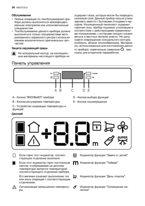 Page 34Обслуживание
• Любые операции по техобслуживанию при‐
бора должны выполняться квалифициро‐
ванным электриком или уполномоченным
специалистом.
• Техобслуживание данного прибора должно
выполняться только специалистами авто‐
ризованного сервисного центра с использо‐
ванием исключительно оригинальных зап‐
частей.
Защита окружающей среды
Ни холодильный контур, ни изоляцион‐
ные материалы настоящего прибора несодержат газов, которые могли бы повредить
озоновый слой. Данный прибор нельзя утили‐
зировать вместе...