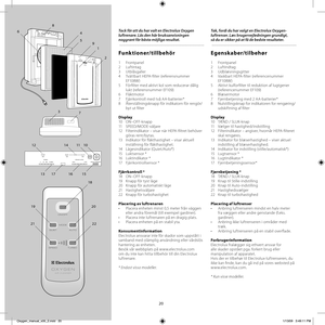 Page 2020
Tack för att du har valt en Electrolux Oxygen 
luftrenare. Läs den här bruksanvisningen 
noggrant för bästa möjliga resultat.
Funktioner/tillbehör
1 Frontpanel
2 Luftintag
3 Utblåsgaller
4 Tvättbart HEPA-fi lter (referensnummer 
EF108W)
5  Förfi lter med aktivt kol som reducerar dålig 
lukt (referensnummer EF109)
6 Fläktmotor
7  Fjärrkontroll med två AA-batterier*
8  Återställningsknapp för indikatorn för rengör/
byt ut fi lter
Display
10 O N – O FF- k napp
11 SPEED/MODE-väljare
12  Filterindikator –...