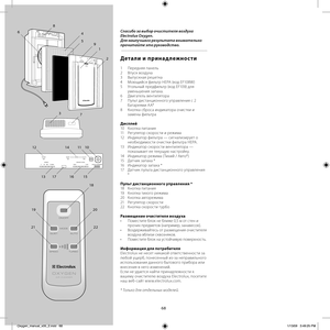 Page 6868
Спасибо за выбор очистителя воздуха 
Electrolux Oxygen. 
Для наилучшего результата внимательно 
прочитайте это руководство.
Детали и принадлежности
1 Передняя панель
2 Впуск воздуха
3 Выпускная решетка
4  Моющийся фильтр HEPA (код EF108W)
5  Угольный предфильтр (код EF109) для 
уменьшения запаха.
6 Двигатель вентилятора
7  Пульт дистанционного управления с 2 
батареями AA*
8  Кнопка сброса индикатора очистки и 
замены фильтра
Дисплей
10 Кнопка питания
11  Регулятор скорости и режима
12  Индикатор...