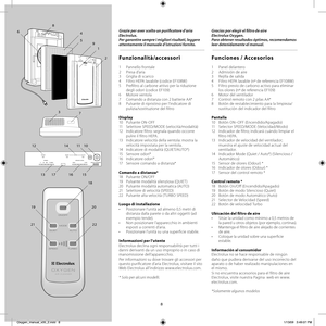 Page 88
Grazie per aver scelto un purifi catore d’aria 
Electrolux. 
Per garantire sempre i migliori risultati, leggere 
attentamente il manuale d’istruzioni fornito.
Funzionalità/accessori 
1 Pannello frontale
2 Presa d’aria
3  Griglia di scarico
4  Filtro HEPA lavabile (codice EF108W)
5  Prefi ltro al carbone attivo per la riduzione 
degli odori (codice EF109)
6 Motore ventola
7  Comando a distanza con 2 batterie AA*
8  Pulsante di ripristino per l’indicatore di 
pulizia/sostituzione del fi ltro
Display
10...