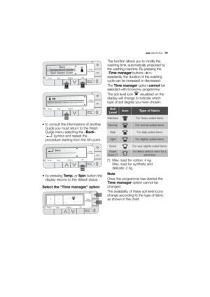 Page 19More user manuals on ManualsBase.com
use electrolux  19
 to consult the informations of another
Guide you must return to the Wash
Guide menu selecting the «Back»
symbol and repeat the
procedure starting from the 4th point.
 by pressing Temp.or Spinbutton the
display returns to the default status.
Select the “Time manager” option
 



	
&

	



+&

	
&

	



 !


%!

! 



	
&...