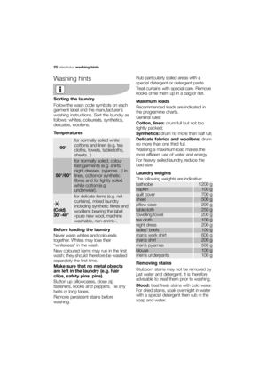 Page 22More user manuals on ManualsBase.com
22electroluxwashing hints
Washing hints
Sorting the laundry
Follow the wash code symbols on each
garment label and the manufacturer’s
washing instructions. Sort the laundry as
follows: whites, coloureds, synthetics,
delicates, woollens.
Temperatures
Before loading the laundry
Never wash whites and coloureds
together. Whites may lose their
“whiteness” in the wash.
New coloured items may run in the first
wash; they should therefore be washed
separately the first time....