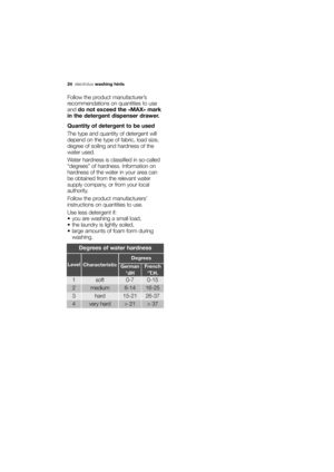 Page 24More user manuals on ManualsBase.com
24electroluxwashing hints
Follow the product manufacturer’s
recommendations on quantities to use
and do not exceed the «MAX» mark
in the detergent dispenser drawer.
Quantity of detergent to be used
The type and quantity of detergent will
depend on the type of fabric, load size,
degree of soiling and hardness of the
water used.
Water hardness is classified in so-called
“degrees” of hardness. Information on
hardness of the water in your area can
be obtained from the...