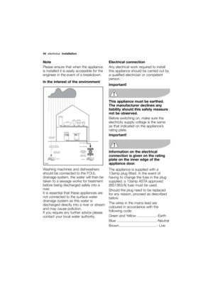 Page 44More user manuals on ManualsBase.com

44electrolux installation
Note
Please ensure that when the appliance
is installed it is easily accessible for the
engineer in the event of a breakdown.
In the interest of the environment
Washing machines and dishwashers
should be connected to the FOUL
drainage system, the water will then be
taken to a sewage works for treatment
before being discharged safely into a
river. 
It is essential that these appliances are
not connected to the surface water
drainage system as...