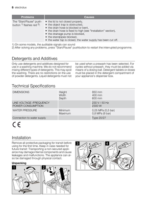 Page 8
ProblemsCauses
The “Start/Pause” push-
button 1) flashes red 2):
• the lid is not closed properly,
• the object trap is obstructed,
• the drain hose is blocked or bent,
• the drain hose is fixed to high (see Installation section),
• the drainage pump is blocked,
• the standpipes blocked,
• the water tap is closed, the water supply has been cut off.
1) On some models, the auditable signals can sound
2) After solving any problems, press Start/Pause pushbutton to restart the interrupted programme....