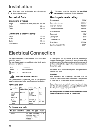 Page 1818
This oven must be installed by qualified
personnel to the relevant British Standards.
Electrical Connection Installation
The oven is designed to be connected to 230 V (50 Hz)
electricity supply.
The oven has an easily accessible terminal block which
is marked as follows:
Letter L - Live terminal
Letter N - Neutral terminal
 or E - Earth terminal
THIS OVEN MUST BE EARTHED
The cable used to connect the oven to the electrical
supply must comply to the specifications given below.It is necessary that you...
