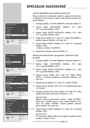 Page 2626
SPECIÁLNÍ NASTAVENÍ ____________
Jemné doladění televizních programů
Televizní  přijímač  se  automaticky  naladí  na  nejlepší  možný  příjem.
V oblastech s horším příjmem signálu může být nutné provést ruční
jemné doladění.
1Vyvolejte nabídku »HLAVNæ NABæDKA« stisknutím tlačítka »
i«.
2Vyberte  řádek  »NASTAVENæ«  tlačítkem  »P+«  nebo 
»P-« a potvrďte tlačítkem »OK«.
3Vyberte  řádek  »RUČNĺ  INSTALACE«  tlačítkem  »P+«  nebo 
»P-« a potvrďte tlačítkem »OK«.
4Zvolte pomocí tlačítka »P+« nebo »P-«...