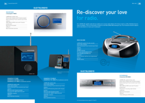 Page 18Web radio | 35
34 | Sound & Vision 2011
Apple product is not included 
in deliver y.
RRCD 3760 WEB 
LAN/WLAN-capable CD radio recorder
Online radio reception
Audio streaming of music stored on your home 
network
USB port
SD/MMC card slot
PLL tuner with 40 station presets
Audio CDs/MP3 CDs/ WMA CDs
Ta p e d e c k
Digital equalizer with four pre-programmed 
settings
Remote control
Re-discover your love
for radio.
Our L AN/ WL AN-capable audio devices enable you to receive radio without a PC. All you need...