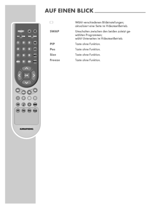 Page 1212
ßWählt verschiedenen Bildeinstellungen;
aktualisiert eine Seite im Videotext-Betrieb.
SWAPUmschalten zwischen den beiden zuletzt ge-
wählten Programmen;
wählt Unterseiten im Videotext-Betrieb.
PIPTaste ohne Funktion.
PosTaste ohne Funktion.
SizeTaste ohne Funktion.
FreezeTaste ohne Funktion.
AUF EINEN BLICK----------------------------------------------------------------------
 