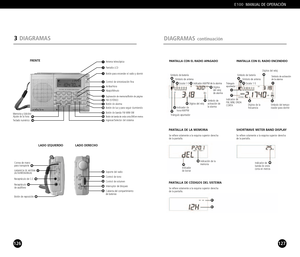 Page 64127
E100MANUAL DE OPERACIÓN 
126
DIAGRAMAScontinuación
PANTALLA CON EL RADIO APAGADOPANTALLA CON EL RADIO ENCENDIDO
Símbolo de batería 
Símbolo de antena  
Escala 15 Indicador AM/PM de la alarma
Dígitos
del relojde alarma 
Símbolo de
activación dela alarma  Dígitos del reloj 
Indicador de
hora AM/PM   
Triángulo apuntador Dígitos del reloj Símbolo de activación
de la alarma Símbolo de batería 
Símbolo de antena 
Escala 15  
Triángulo
apuntador
Indicador de
FM, MW, ONDA
CORTA Dígitos de la
frecuencia...