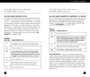 Page 79156
USO DEL RADIO DURANTE EL DÍALa sintonía de las bandas de onda corta es generalmente más difícil
durante las horas del día, aproximadamente desde las 10 a.m. hasta
las 3 p.m. La razón principal es que los radiodifusores no transmiten
hacia Norteamérica durante ese tiempo, porque asumen que estamos
trabajando o en la escuela y no podemos sentarnos a oír el radio
durante el día. Si quiere tratar de escuchar las bandas durante el día,
use la información indicada abajo. Típicamente, las ondas cortas...