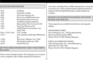 Page 28accessories, including books on SSB communication. Among the
accessories are a variety of professionally engineered shortwave
antennas which will significantly improve signal strengths and
reception.
MONTHLY MAGAZINES WITH SSB RELATED INFOR-
MATION AND ARTICLES:
These magazines are available from bookstores and magazine
displays.
MONITORING TIMES,
Grove Enterprises, Inc., 140 Dog Branch Road,
Brasstown North Carolina 28902.
Phone (704) 837-9200. Monthly Magazine.
POPULAR COMMUNICATIONS
CQ Communications,...