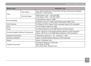 Page 76AgfaPhoto PRECISA 1430AgfaPhoto PRECISA 1430
73
AgfaPhoto PRECISA 1430AgfaPhoto PRECISA 1430
Model name
PRECISA 1430
FlashFlash Modes
Auto, Red-Eye Reduction, Forced Flash, No Flash, Slow Synchro, Red-Eye 
Reduction + Slow Synchro
Shooting Range (Wide) Approx. 0.5m ~ 4.0m (ISO 800) 
(Tele) Approx. 0.8m ~ 3.4m (ISO 1600)
Recording Media Internal Memory: Approx. 20MB
SD/SDHC Card (Up to 16GB Support) [Nonsupport MMC Card]
Other Features PictBridge, ExifPrint Support, Multi-Language Support (26 Languages)...