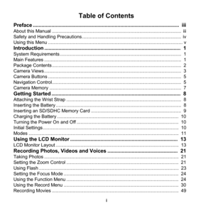 Page 2
i
Table of Contents
Preface ......................................................................................................  iii
About this Manual ...................................................................................................  iii
Safety and Handling Precauti ons ............................................................................  iv
Using this Menu ....................................................................................................... v
Introduction...