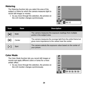 Page 35
29
Metering
The Metering function lets you select the area of the 
subject or frame by which the camera measures light to 
record still images or movies. 
• As you move through the selection, the preview on  the LCD monitor changes synchronously.
Color Mode
The Color Mode function lets you record still images or 
movies and apply different colors or tones for a more 
artistic effect. 
• As you move through the selection, the preview on  the LCD monitor changes synchronously.
IconItemDescription
MultiThe...