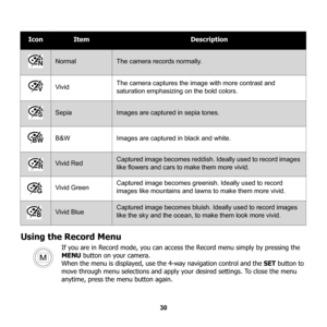 Page 36
30
Using the Record Menu
If you are in Record mode, you can access the Record menu simply by pressing the 
MENU  button on your camera. 
When the menu is displayed, use th e 4-way navigation control and the SET button to 
move through menu selections and apply your desired settings. To close the menu 
anytime, press the menu button again.
IconItemDescription
NormalThe camera records normally.
VividThe camera captures the image with more contrast and 
saturation emphasizing on the bold colors....