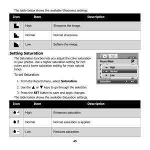 Page 51
45
The table below shows the av
ailable Sharpness settings.
Setting Saturation
The Saturation function lets yo u adjust the color saturation 
in your photos. Use a higher saturation setting for rich 
colors and a lower saturation setting for more natural 
tones. 
To set Saturation
1. From the Record menu, select  Saturation.
2. Use the   or   keys to go through the selection.
3. Press the  SET button to save and apply changes. 
The table below shows the avai lable Saturation settings....