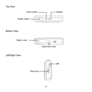 Page 10
4
To p  V i e w
Bottom View
Left/Right View
Speaker
Shutter buttonPower button
Battery cover Tripod screw hole
Strap ring
USB 