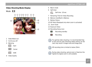 Page 30AgfaPhoto OPTIMA 145AgfaPhoto OPTIMA 145
27
AgfaPhoto OPTIMA 145AgfaPhoto OPTIMA 145
Video Shooting Mode Display
Mode : 
 
1
13
23456789
10
11
12
1 Vdeo Mode con
2  Contnuous AF
3  Meterng
 Spot
 Center
 AAE
4  Vdeo Qualty 5 
Macro mode
6

  Self-tmer
  Self-tme : 10-sec 
7  Remanng Tme for Vdeo Recordng
8  Memory Card/Bult-n Memory
9  Battery Status
10  WT Rato (Dsplayed only when zoom s actvated)
11...