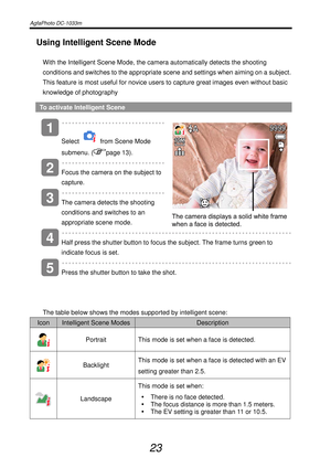 Page 28AgfaPhoto DC-1033m   
 
23 
Using Intelligent Scene Mode 
With the Intelligent Scene Mode, the camera automatically detects the shooting 
conditions and switches to the appropriate scene and settings when aiming on a subject. 
This feature is most useful for novice users to capture great images even without basic 
knowledge of photography 
To activate Intelligent Scene 
   
Select 
  from Scene Mode 
submenu. (
page 13).  
   
Focus the camera on the subject to 
capture.  
   
The camera detects the...