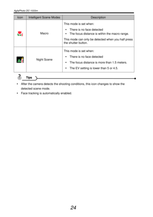 Page 29AgfaPhoto DC-1033m   
 
24 
Icon Intelligent Scene Modes Description 
 Macro This mode is set when: 
y  There is no face detected 
y  The focus distance is within the macro range. 
This mode can only be detected when you half press 
the shutter button. 
 Night Scene This mode is set when: 
y  There is no face detected 
y  The focus distance is more than 1.5 meters. 
y  The EV setting is lower than 5 or 4.5. 
 
 
y  After the camera detects the shooting conditions, this icon changes to show the 
detected...