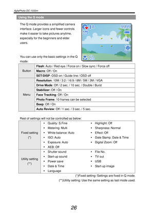 Page 31AgfaPhoto DC-1033m   
 
26 
Using the Q mode 
The Q mode provides a simplified camera 
interface. Larger icons and fewer controls 
make it easier to take pictures anytime, 
especially for the beginners and elder 
users. 
 
 
You can use only the basic settings in the Q 
mode:  
Flash: Auto / Red eye / Force on / Slow sync / Force off 
Macro: Off / On Button 
SET/DISP: OSD on / Guide line / OSD off 
Resolution: 10M / 3:2 / 16:9 / 8M / 5M / 3M / VGA 
Drive Mode: Off / 2 sec. / 10 sec. / Double / Burst...