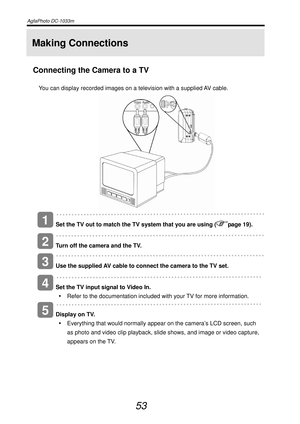 Page 58AgfaPhoto DC-1033m   
 
53 
Making Connections 
Connecting the Camera to a TV 
You can display recorded images on a television with a supplied AV cable. 
 
 
    
Set the TV out to match the TV system that you are using (
page 19). 
    
Turn off the camera and the TV. 
   
Use the supplied AV cable to connect the camera to the TV set. 
   
Set the TV input signal to Video In. 
y  Refer to the documentation included with your TV for more information. 
   
Display on TV. 
y  Everything that would normally...
