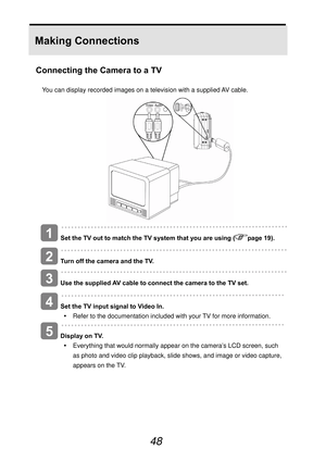 Page 53
 
48 
Making Connections 
Connecting the Camera to a TV 
You can display recorded images on a television with a supplied AV cable.  
 
  
 
Set the TV out to match the TV system that you are using (
page 19). 
  
 
Turn off the camera and the TV. 
 
 
Use the supplied AV cable to connect the camera to the TV set. 
 
 
Set the TV input signal to Video In. y  Refer to the documentation included with your TV for more information. 
 
 
Display on TV. y  Everything that would normally appear on the camera’s...