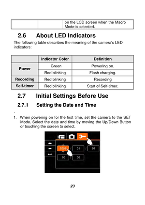 Page 24 
 23 
on the LCD screen when the Macro 
Mode is selected
. 
2.6    About LED Indicators 
The following table describes the meaning of the cameras LED 
indicators: 
 
2.7    Initial Settings Before Use 
2.7.1  Setting the Date and Time 
.  
1.  When powering on for the first time, set the camera to the SET  Mode. Select the date and time by moving the Up/Down Button 
or touching the screen to select. 
 
 Indicator Color Definition 
 Green Powering on. Power Red blinking  Flash charging. 
Recording Red...