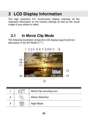 Page 26 
 25 
3  LCD Display Information 
The high resolution 3.0” touchscreen display indicates all the 
important information on the camera settings as well as the visual 
image of your photo or video.   
 3.1    In Movie Clip Mode 
The following illustration shows t he LCD display layout and icon 
description in the DV Mode (). 
 
 
 
1   Movie Clip recording icon 
2   Motion Detection 
3  
Night Mode    