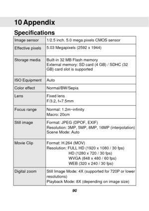 Page 91 
 90 
10 Appendix 
Specifications 
Image sensor 1/2.5 inch. 5.0 mega pixels CMOS sensor 
Effective pixels 5.03 Megapixels (2592 x 1944) 
Storage media Built-in 32 MB Flash memory 
External memory: SD card (4 GB) / SDHC (32 
GB) card slot is supported 
ISO Equipment Auto 
Color effect Normal/BW/Sepia 
Lens Fixed lens 
F/3.2, f=7.5mm 
Focus range Normal: 1.2m~infinity 
Macro: 20cm 
Still image Format: JPEG (DPOF, EXIF)   
Resolution: 3MP, 5MP, 8MP, 16MP (interpolation) 
Scene Mode: Auto 
Movie Clip...