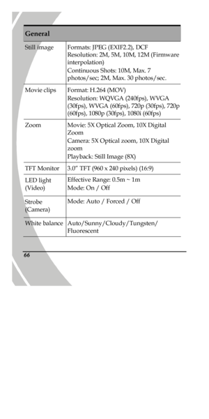 Page 76 
 66 General Still image Formats: JPEG (EXIF2.2), DCF  
Resolution: 2M, 5M, 10M, 12M (Firmware 
interpolation) 
Continuous Shots: 10M, Max. 7 
photos/sec; 2M, Max. 30 photos/sec. Movie clips Format: H.264 (MOV) 
Resolution: WQVGA (240fps), WVGA 
(30fps), WVGA (60fps), 720p (30fps), 720p 
(60fps), 1080p (30fps), 1080i (60fps)    Zoom Movie: 5X Optical Zoom, 10X Digital 
Zoom 
Camera: 5X Optical zoom, 10X Digital 
zoom 
Playback: Still Image (8X) TFT Monitor 3.0” TFT (960 x 240 pixels) (16:9) LED light...