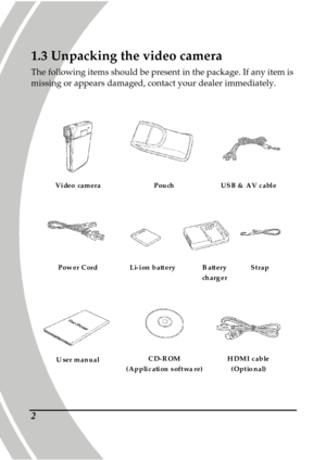 Page 12 
 2
1.3 Unpacking the video camera 
The following items should be present in the packag e. If any item is 
missing or appears damaged, contact your dealer imm ediately. 
 
 
C D- R OM    
( Ap p li c ati on  s oft wa re) 
Vi deo  cam era P ou ch  
P ow er C ord  
U ser m an u a l   L i- i on  b att ery 
H DM I c ab le 
( Op t io n al)  
B att ery  
ch arg e r 
U S B &  A V c a bl e 
S t ra p  
            