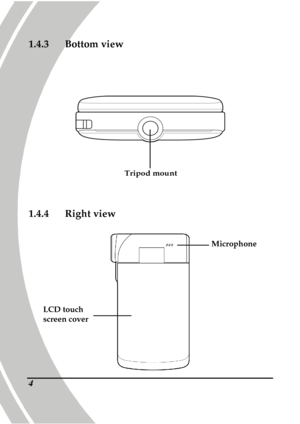 Page 14 
 4
1.4.3 Bottom view 
 
Tripod mount 
 
 
1.4.4  Right view 
 
 
LCD touch  
screen cover 
Microphone                  