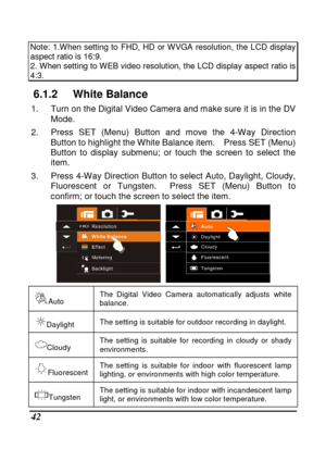 Page 138 
 42 
Note:  1.When  setting  to  FHD,  HD  or WVGA  resolution,  the  LCD  display aspect ratio is 16:9. 2. When setting to WEB video resolution, the LCD display aspect ratio is 4:3. 
6.1.2  White Balance 
1.  Turn on the Digital Video Camera and make sure i t is in the DV 
Mode. 
2.  Press  SET  (Menu)  Button  and  move  the  4-Way  Direc tion 
Button to highlight the White Balance item.    Press  SET (Menu) 
Button  to  display  submenu;  or  touch  the  screen  to  s elect  the 
item. 
3.  Press...