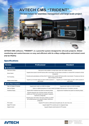 Page 1 
 
 
 
 
 
 
 
 
 
 
 
 
 
 
 
AVTECH CMS software, “TRIDENT”, is a powerful system designed for all-scale projects. Global 
monitoring and control become so eas y and efficient with its e-Map configuration and instant event 
pop-up display.   
Specifications 
Version Professional Standard 
▓ Architecture  
Client-server Mode  Client-server mode available to manage larger system with multiple computers. 
Device Search Supports device search of all NVR devices within a local network, and also allows...