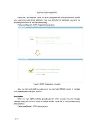 Page 8  8 / 11 
 
 
 
Figure 5 DDNS Registration 
 
 Fields with * are required. Once you done, the system will send an activation mail to 
your username (valid email address). You must activate the registered username by 
following instructions in the mail before using. 
  Please see Figure 6 DDNS Registration Activation. 
 
 
 
 
 
 
Figure 6 DDNS Registration Activation 
 
  After you have activated your username, you can log in DDNS website to manage 
and view devices under your account.   
 
Equipment...