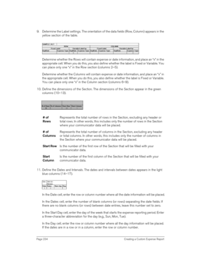 Page 234Page 234  Creating a Custom Expense Report
9. Determine the Label settings. The orientation of the data fields (Row, Column) appears in the 
yellow section of the table.
Determine whether the Rows will contain expense or date information, and place an “x” in the 
appropriate cell. When you do this, you also define whether the label is Fixed or Variable. You 
can place only one “x” in the Row section (columns 2–5).
Determine whether the Columns will contain expense or date information, and place an “x” in...