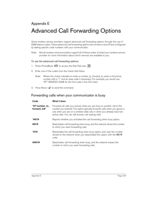 Page 239Appendix EPage 239
Appendix E
Advanced Call Forwarding Options
Some wireless service providers support advanced call forwarding options through the use of 
GSM feature codes. These advanced call forwarding options are turned on and off and configured 
by dialing specific code numbers with your communicator.
Note:  Not all wireless service providers support all of these codes. Contact your wireless service 
provider for more information about which services are available to you.
To use the advanced call...