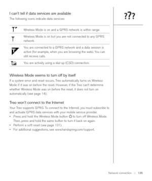 Page 135Network connection::   135
I can’t tell if data services are available
The following icons indicate data services:
Wireless Mode is on and a GPRS network is within range.
Wireless Mode is on but you are not connected to any GPRS
network.
You are connected to a GPRS network and a data session is
active (for example, when you are browsing the web). You can
still receive calls.
You are actively using a dial-up (CSD) connection.
Wireless Mode seems to turn off by itself
If a system error and reset occurs,...