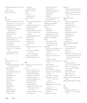 Page 154International characters 23–24, 64,
148
IR. See Infrared
Items. See To Do List
KKeyboard
accented characters 23–24, 148
backlight 14, 22,  31, 114, 129
beaming business card with 97
capital letters 23
compatibility with third-party
applications 145
computer 47, 82
dialing with 15, 36
layout 22
locking 25, 26, 121–122, 124
lowercase letters 23
menu commands 21, 129
numbers 93
online Help 23
Quick Keys 41, 49, 50, 51
shortcuts 21, 41, 49, 50, 51,
129
silencing ringer with 39
symbols 23–24, 148
LLarge font...