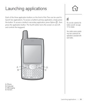 Page 25Launching applications
Each of the three application buttons on the front of the Treo can be used to
launch two applications. To access a button’s primary application, simply press
the button. To access a button’s secondary application, press Option , then
press the application button. The fourth button turns the screen on and off,
and controls the keyguard. 
A. Phone
B. Calendar
C. Messaging
D. Screen
Launching applications::   25
You can also customize the
buttons yourself; see page
117 for details....