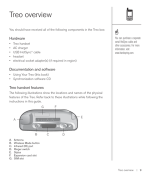 Page 9Treo overview
You should have received all of the following components in the Treo box:
Hardware
•Treo handset
•AC charger
•USB HotSync
®cable
•headset
•electrical socket adapter(s) (if required in region)
Documentation and software
•Using Your Treo (this book)
•Synchronization software CD
Treo handset features
The following illustrations show the locations and names of the physical
features of the Treo. Refer back to these illustrations while following the
instructions in this guide.
A. Antenna
B....
