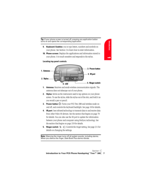 Page 15Section 1
Introduction to Your PCS Phone Handspring® Treo™ 300 7
Introduction
1
Ti p : If your phone screen is turned off, pressing any application button turns on and opens the corresponding application.
9. Keyboard: Enables: you to type letters, numbers and symbols on 
your phone. See Section 2 to learn how to enter information. 
10. Phone screen: Displays the applications and information stored in 
your phone. It is touch-sensitive and responds to the stylus.
Locating top panel controls 
1. Antenna:...