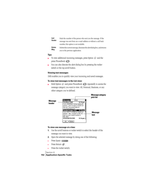 Page 160Section 6
152 Application-Specific Tasks
Ti p s :
©To view additional incoming messages, press Option   and the 
press PhoneBook .
©You can also dismiss the alert dialog box by pressing the rocker 
switch or the top scroll button.
Viewing text messages
SMS enables you to quickly view your incoming and saved messages. 
To view text messages in the List view:
©Hold Option   and press PhoneBook   repeatedly to access the 
message category you want to view: All, Personal, Business, or any 
other category...
