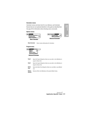 Page 185Section 6
Application-Specific Tasks 177
Application 
Ta s k s
6
Calculator menus
Calculator menus are shown here for your reference, and Calculator 
features that are not explained elsewhere in this guide are described here. 
See page 28 for information about choosing menu commands.
Options menus
Program menu
About CalculatorShows version information for Calculator.
ExportOpens the Export dialog box where you can select a view definition to 
export to Memo Pad.
ImportOpens the Import dialog box where...