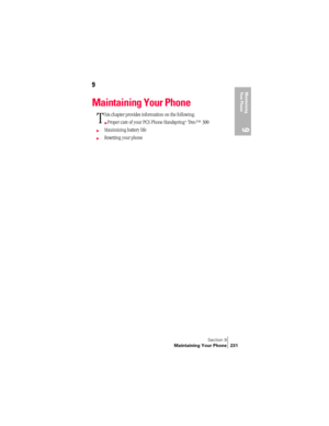 Page 239Section 9
Maintaining Your Phone 231
Maintaining 
Your Phone
9
9
Maintaining Your Phone
his chapter provides information on the following:
©Proper care of your PCS Phone Handspring® Treo™ 300
©Maximizing battery life
©Resetting your phone
T 