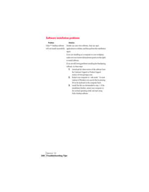 Page 248Section 10
240 Troubleshooting Tips
Software installation problems
ProblemSolution
Palm™ Desktop software 
will not install successfully.Disable any anti-virus software, close any open 
applications or utilities, and then perform the installation 
again.
If you are installing on a computer at your workplace, 
make sure your System Administrator grants you the rights 
to install software.
If you are still having problems installing the Handspring 
software, try these steps:
1.Download the latest version...