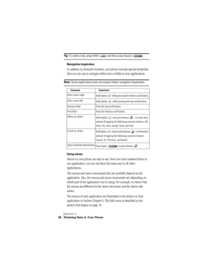 Page 36Section 2
28 Entering Data in Your Phone
Ti p :  To enter a tab, press Shift   and then press Space  .
Navigation keystrokes
In addition to character symbols, your phone includes special keystrokes 
that you can use to navigate within text or fields in your applications. 
Note: Some applications may not support these navigation keystrokes.
Using menus
Menus on your phone are easy to use. Once you have mastered them in 
one application, you can use them the same way in all other 
applications. 
The menus...